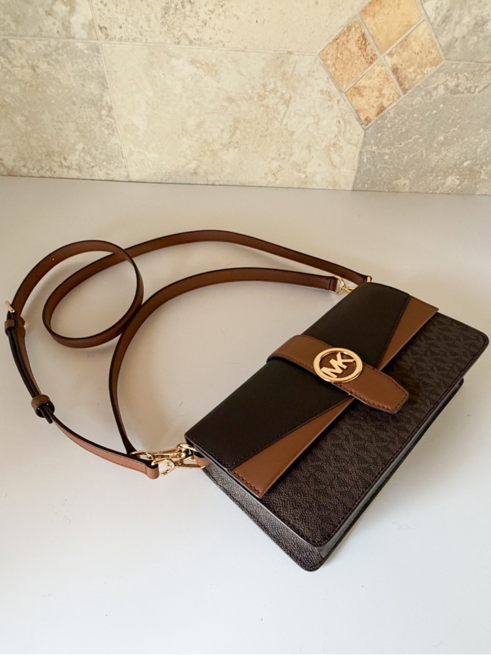 Michael Kors Greenwich MD Flap Shoulder Crossbody Bag MK Brown - Picture 6 of 12